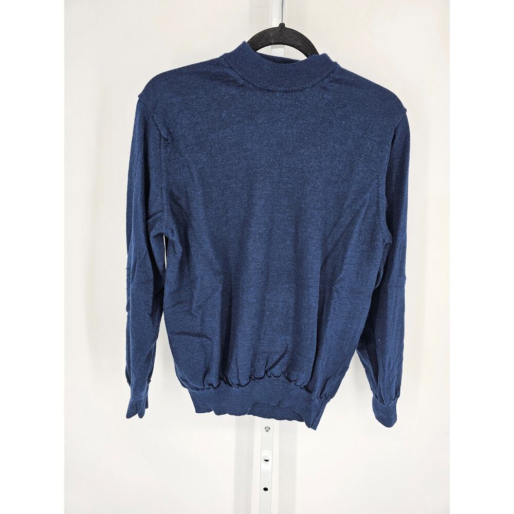 Toscano Italy Mens Sz L 100% Merino Wool Sweater Blue Mock Turtleneck *HOLE*